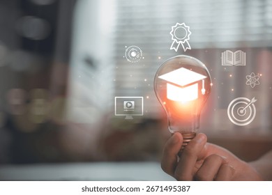E-learning graduate certificate program concept with light bulb and graduation cap icon, symbolizing online education, creative thinking, study knowledge, and problem-solving in digital learning.
