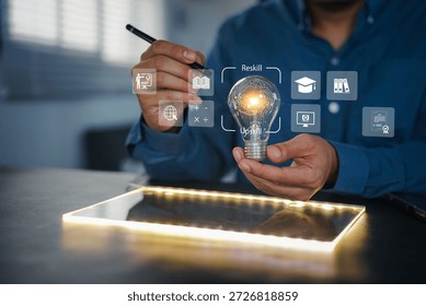 E-learning graduate certificate program concept. Man holding lightbulb showing graduation hat, Internet education course degree, study knowledge to creative thinking idea and problem-solving solution