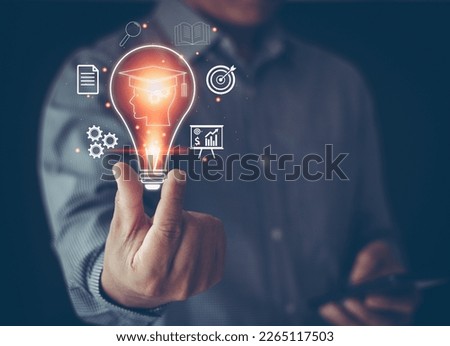 E-learning graduate certificate program concept. Man holding lightbulb and graduation hat icon, Internet education course degree, study knowledge to creative thinking idea and problem solving solution