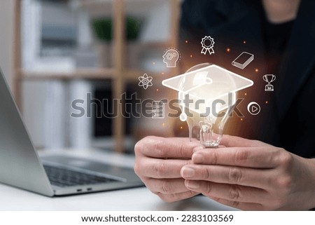 Elearning graduate certificate program concept, businessman hand holding light bulb with Internet education course degree, study knowledge, creative thinking idea, problem solving solution, AI.