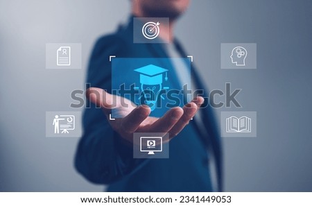 E-learning graduate certificate program concept. Man hands showing graduation hat in light bulb, Internet education course degree, study knowledge, creative thinking idea, problem-solving solution.