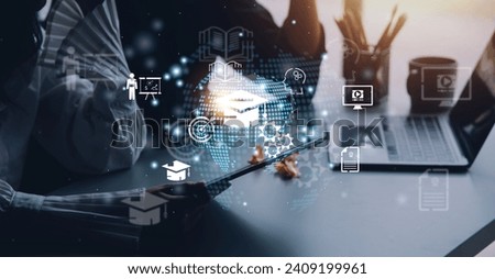 E-learning graduate certificate program concept. Man hands showing graduation hat in light bulb, Internet education course degree, study knowledge, creative thinking idea, problem-solving solution.
