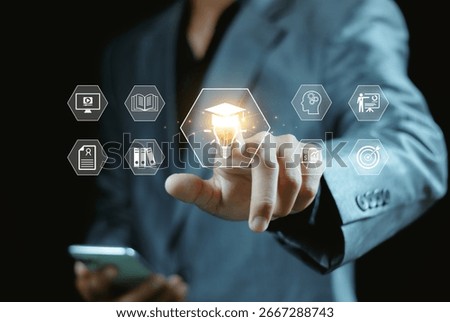 E-learning graduate certificate program concept. man holding lightbulb showing graduation hat, Internet education course degree, study knowledge to creative thinking idea and problem solving solution
