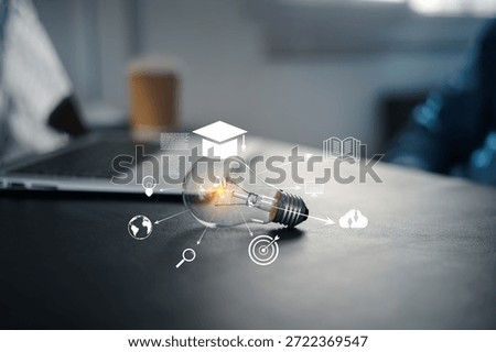 E-learning graduate certificate program concept with light bulb and graduation cap icon, symbolizing online education, creative thinking, study knowledge, and problem-solving in digital learning.
