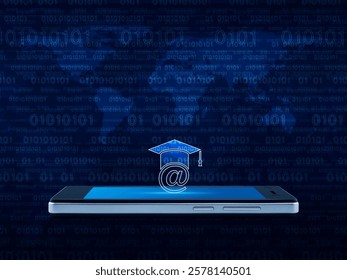 e-learning icon on modern smart mobile phone screen over world map and computer binary code blue background, Study online concept, Elements of this image furnished by NASA