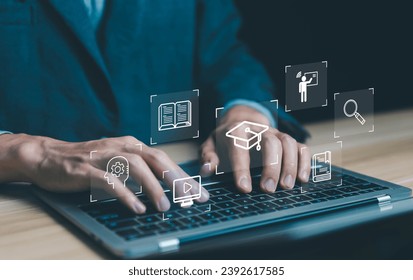 e-learning icon on a virtual screen in a laptop. concept learning,  training digital online, and course education. webinar technology, library on the internet website, lesson learning e-book