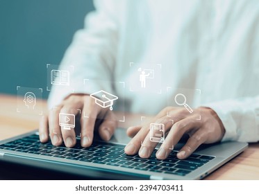 e-learning icon on a virtual screen in a laptop, library on the internet website. concept learning, course education, training digital, and webinar technology. lesson learning e-book online