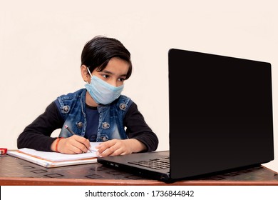 E-Learning Indian Kids With Mask On Lockdown