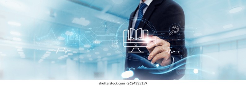 E-learning: Interactive Business Graph and Data of E-learning Business Growth, Knowledge Sharing. Businessman Touches and Analyzes Data Growth of Online Learning, Skill Development, Collaboration.