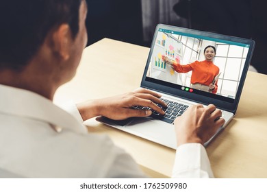E-learning And Online Business Presentation Meeting Concept. Digital Training Course For People To Do Remote Learning From Anywhere.