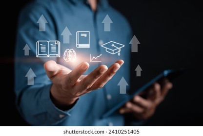 E-learning online class on virtual screen, watching video on internet, webinar online, education on internet, e-learning, learning online with webinar, video tutorial