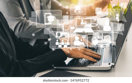 E-learning And Online Education For Student And University Concept. Graphic Interface Showing Technology Of Digital Training Course For People To Do Remote Learning From Anywhere.