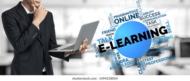 E-learning And Online Education For Student And University Concept. Graphic Interface Showing Technology Of Digital Training Course For People To Do Remote Learning From Anywhere.