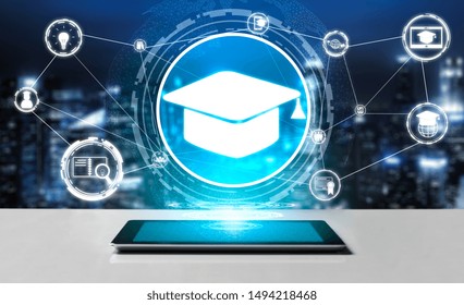 E-learning And Online Education For Student And University Concept. Graphic Interface Showing Technology Of Digital Training Course For People To Do Remote Learning From Anywhere.