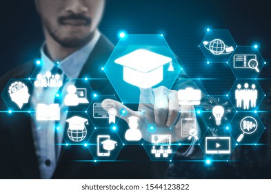 E-learning And Online Education For Student And University Concept. Graphic Interface Showing Technology Of Digital Training Course For People To Do Remote Learning From Anywhere.