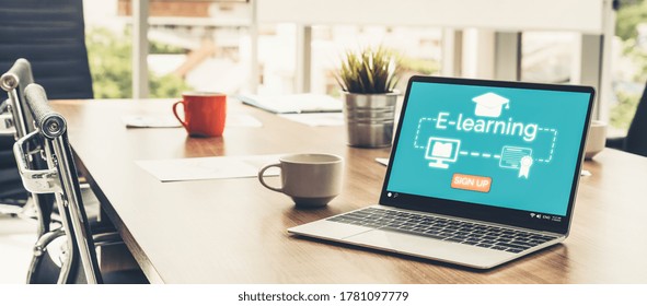 E-learning And Online Education For Student And University Concept. Video Conference Call Technology To Carry Out Digital Training Course For Student To Do Remote Learning From Anywhere.