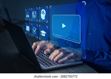 E-learning online education training webinar on internet for personal development and professional qualifications. Digital courses to develop new skills. Concept with student using computer. - Shutterstock ID 2082750772