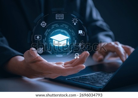E-learning platform with AI, video content, multilingual tools, and personalized learning icons surrounding a graduation cap symbolizing digital education and professional certification