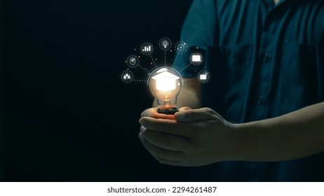 E-Learning Postgraduate Diploma Program Concepts. hand holding light bulb showing graduation cap internet education creative and Study work knowledge and business ai, problem solving, brainstorming.
