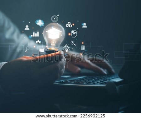 E-Learning Postgraduate Diploma Program Concepts. hand holding light bulb showing graduation cap internet education creative and Study work knowledge and business ai, problem solving, brainstorming.