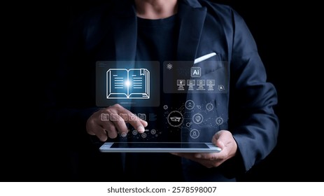 E-learning program certificate and online education learning workshop training.Male and female students icons virtual screen and Video lesson online classes on the internet.