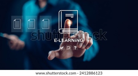 E-learning program certificate and online education learning workshop training.Male and female students icons virtual screen and Video lesson online classes on the internet.