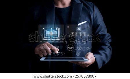 E-learning program certificate and online education learning workshop training.Male and female students icons virtual screen and Video lesson online classes on the internet.