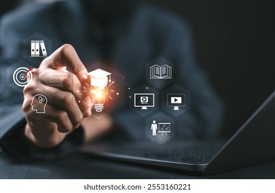 E-learning technology concept. AI and machine learning enhance personalized learning. Technology course, teaching, business training. E-learning, online education, education, internet learning.
