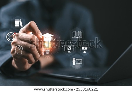 E-learning technology concept. AI and machine learning enhance personalized learning. Technology course, teaching, business training. E-learning, online education, education, internet learning.