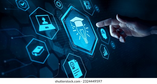 E-learning technology, webinar, online education and training to develop new skills and knowledge. AI-enhanced learning with personalized courses. Remote learning on internet. Virtual screen.