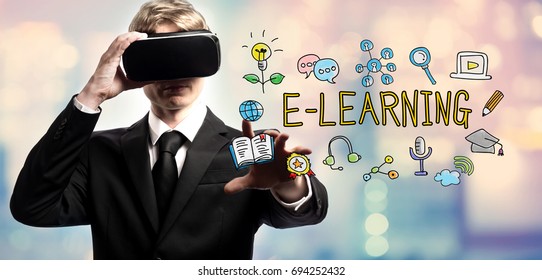 E-Learning text with businessman using a virtual reality headset