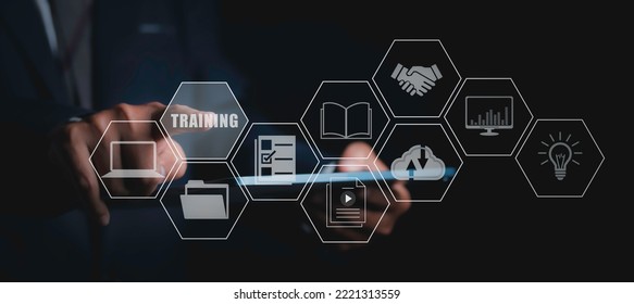 E-learning and Training Online skill development with icons of online webinar, e-learning, education, seminar. Personal Development and Professional growth. copy space.