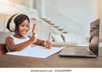 Elearning, wave and African girl on a video call for education, knowledge and school with a laptop. Communication, studying and student greeting on a virtual class for knowldge on a pc with books - Shutterstock ID 2266689809