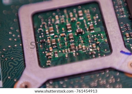 Electical integrate circuit cpu slot inside microship on mainboard close up communication background
