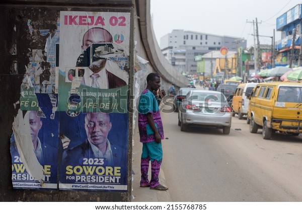 Election campaign\
posters are seen in Lagos, NIGERIA, on May 7, 2022. Presidential\
elections to hold in\
2023