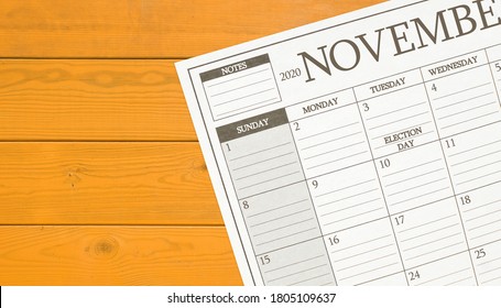 Election Day November 2020 Calendar On Yellow Stained Wood Table