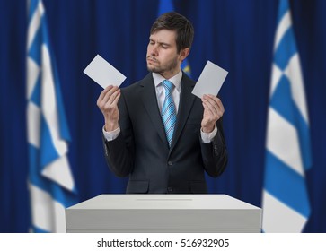 Election In Greece. Undecided Voter Is Making Decision.