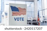 Elections Day In Big City Concept. Modern Polling Place with Voting Booths With American Flag in Business Center. Official Presidential Elections in Democratic United States of America