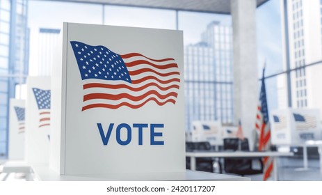 Elections Day In Big City Concept. Modern Polling Place with Voting Booths With American Flag in Business Center. Official Presidential Elections in Democratic United States of America - Powered by Shutterstock