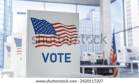 Elections Day In Big City Concept. Modern Polling Place with Voting Booths With American Flag in Business Center. Official Presidential Elections in Democratic United States of America