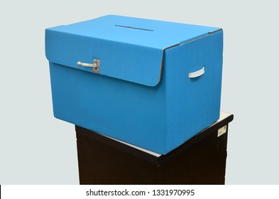 Elections In Israel, A Blue Voting Box With The State Emblem And A One-time Silver-metal Lock