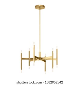 Electric 9-Light Chandelier Isolated On White Background. Metal Pendant Ceiling Light Fixture Round Shape. Antique Hanging Lights. 6 Arm Chandelier With Bright Brass Band. Pendant Sconce Lighting Lamp