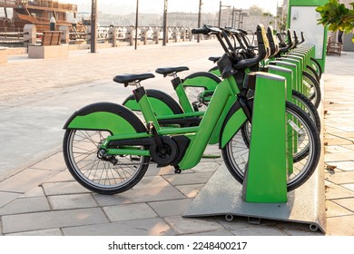 electric bicycles for rent are green in the parking lot in the city center the street  Eco  friendly mode transport