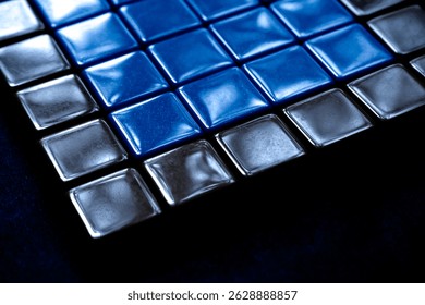Electric blue metallic tile cube background with glowing surface texture. glossy square tile pattern with rich metal texture glowing black background hi tech luxury brand 3d crypto blockchain bg