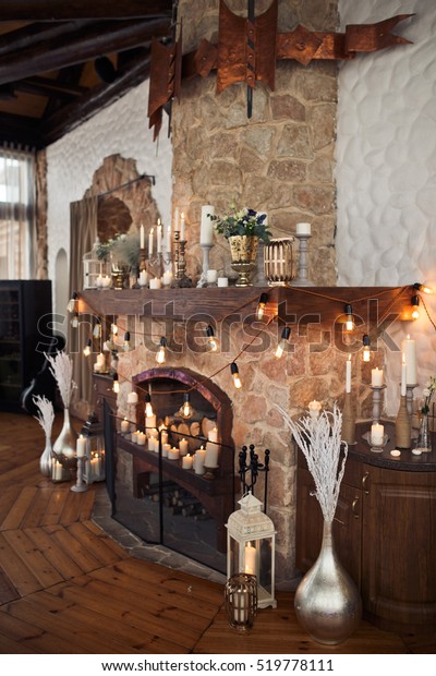 Electric Bulbs Shine Over Old Fireplace Stock Photo Edit Now