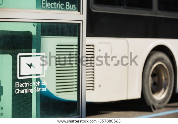 Electric bus\
near charging for electric\
vehicles.