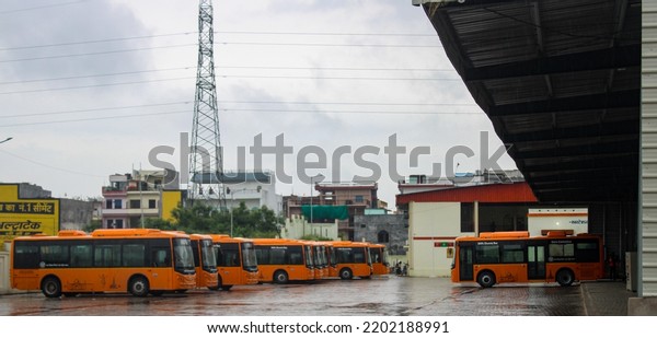 Electric buses\
arrived in Sangam city Prayagraj. Electric buses parked at charging\
station in Prayagra. Electric buses parked for charging in\
Prayagraj. 14 September 2022.\
Prayagraj.