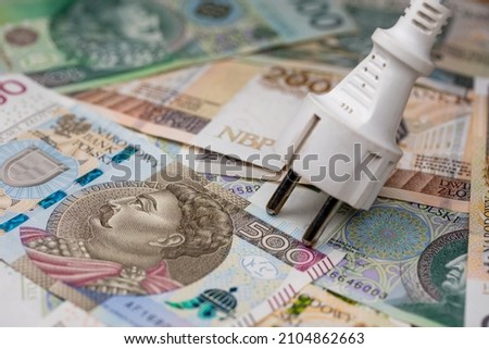 Electric cable with socket and many Polish banknotes. Rise of electricity price in Poland. Photo taken under artificial, soft light