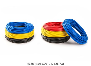 Electric cables set of different color isolated on white background.