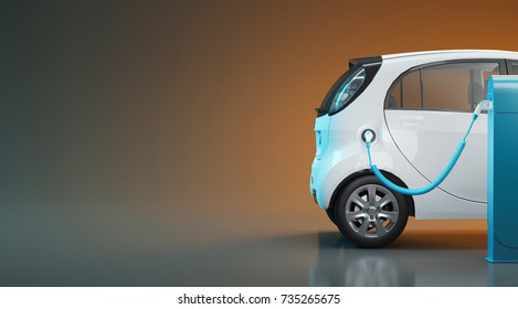 Electric car in charge, ecology, 3d render illustration